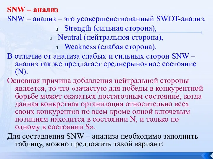 SNW – анализ SNW – анализ – это усовершенствованный SWOT-анализ. Strength