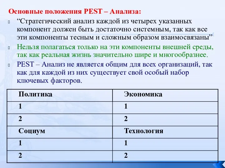 Основные положения PEST – Анализа: “Стратегический анализ каждой из четырех указанных