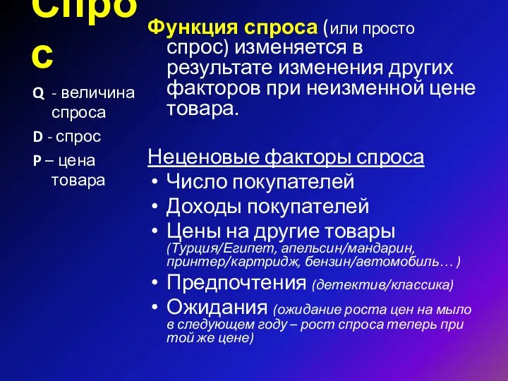 Спрос Функция спроса (или просто спрос) изменяется в результате изменения других