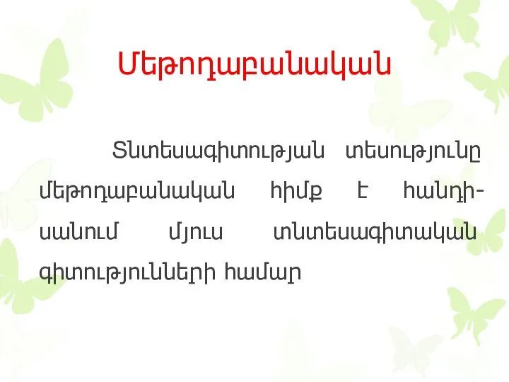 Մեթոդաբանական Տնտեսագիտության տեսությունը մեթոդաբանական հիմք է հանդի- սանում մյուս տնտեսագիտական գիտությունների համար