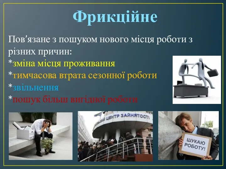 Фрикційне Пов’язане з пошуком нового місця роботи з різних причин: *зміна