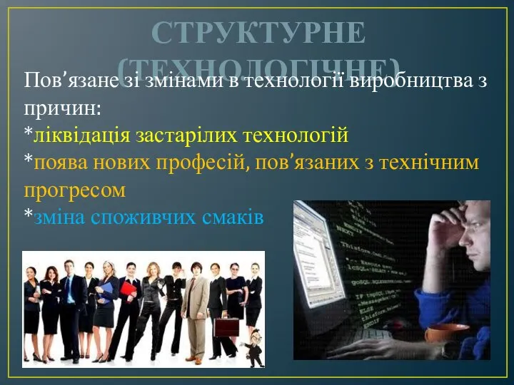 СТРУКТУРНЕ (ТЕХНОЛОГІЧНЕ) Пов’язане зі змінами в технології виробництва з причин: *ліквідація