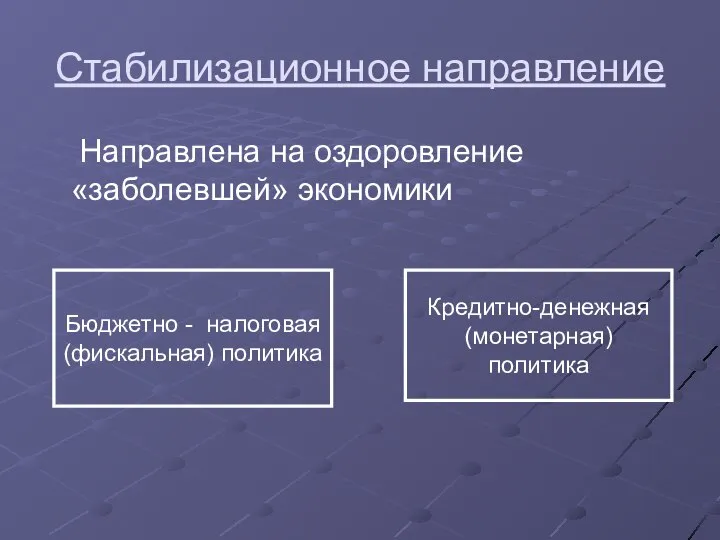 Стабилизационное направление Направлена на оздоровление «заболевшей» экономики Бюджетно - налоговая (фискальная) политика Кредитно-денежная (монетарная) политика