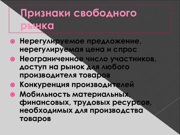 Признаки свободного рынка Нерегулируемое предложение, нерегулируемая цена и спрос Неограниченное число