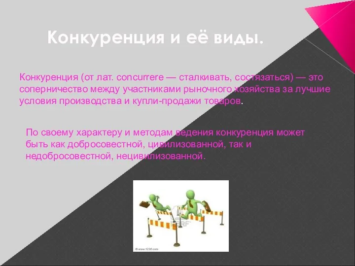 Конкуренция и её виды. Конкуренция (от лат. concurrere — сталкивать, состязаться)