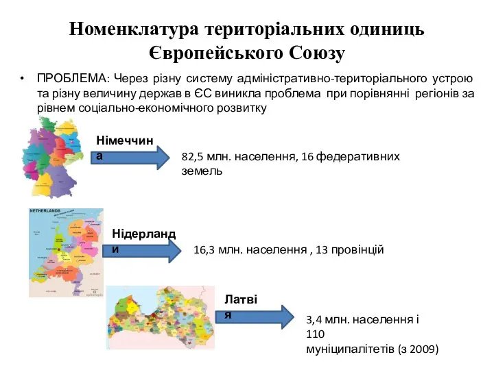 Номенклатура територіальних одиниць Європейського Союзу ПРОБЛЕМА: Через різну систему адміністративно-територіального устрою