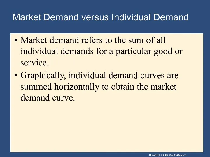 Market Demand versus Individual Demand Market demand refers to the sum