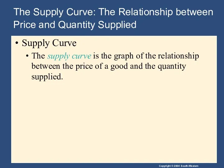 The Supply Curve: The Relationship between Price and Quantity Supplied Supply