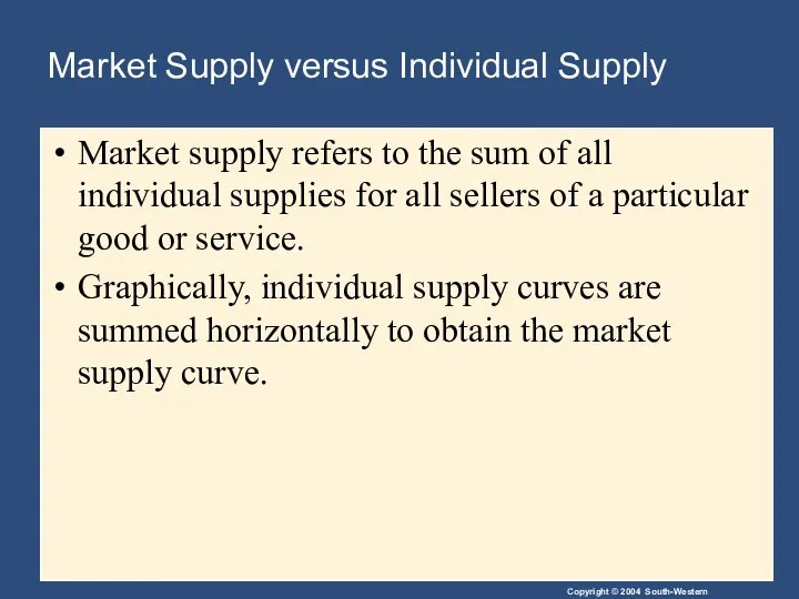 Market Supply versus Individual Supply Market supply refers to the sum