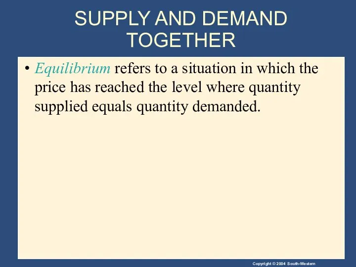 SUPPLY AND DEMAND TOGETHER Equilibrium refers to a situation in which