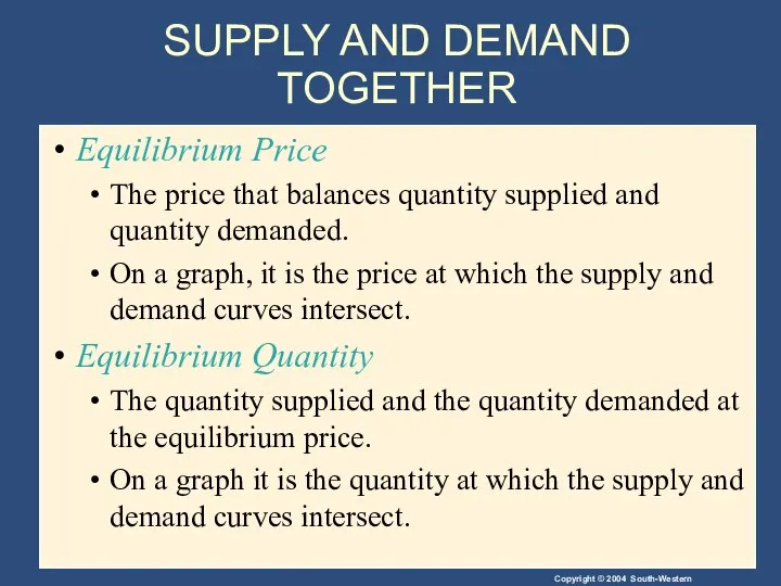 SUPPLY AND DEMAND TOGETHER Equilibrium Price The price that balances quantity