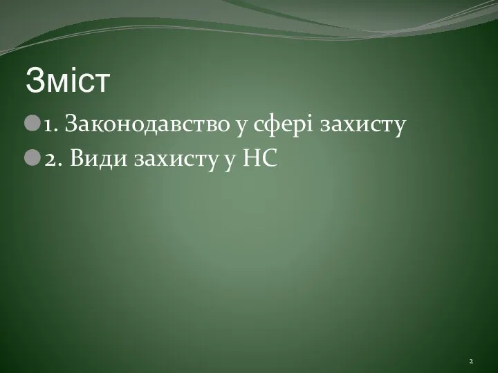 Зміст 1. Законодавство у сфері захисту 2. Види захисту у НС