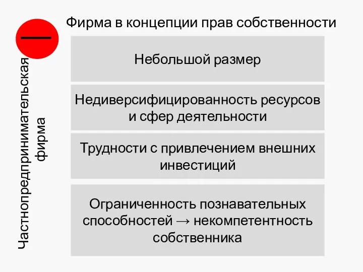 Фирма в концепции прав собственности Частнопредпринимательская фирма │ Небольшой размер Недиверсифицированность