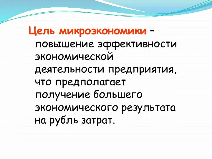 Цель микроэкономики – повышение эффективности экономической деятельности предприятия, что предполагает получение