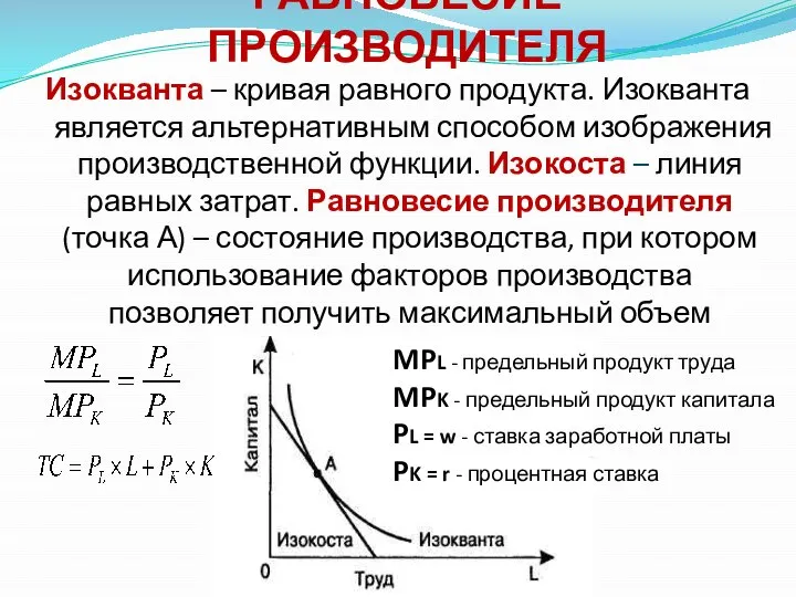 РАВНОВЕСИЕ ПРОИЗВОДИТЕЛЯ Изокванта – кривая равного продукта. Изокванта является альтернативным способом