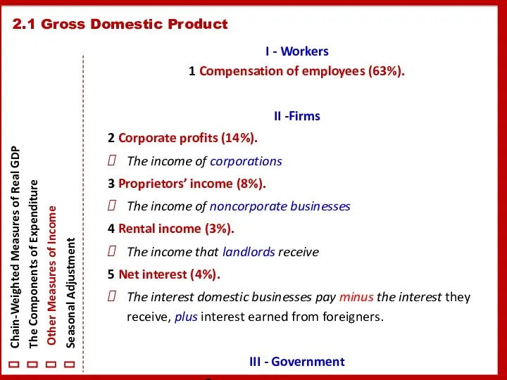 I - Workers 1 Compensation of employees (63%). II -Firms 2