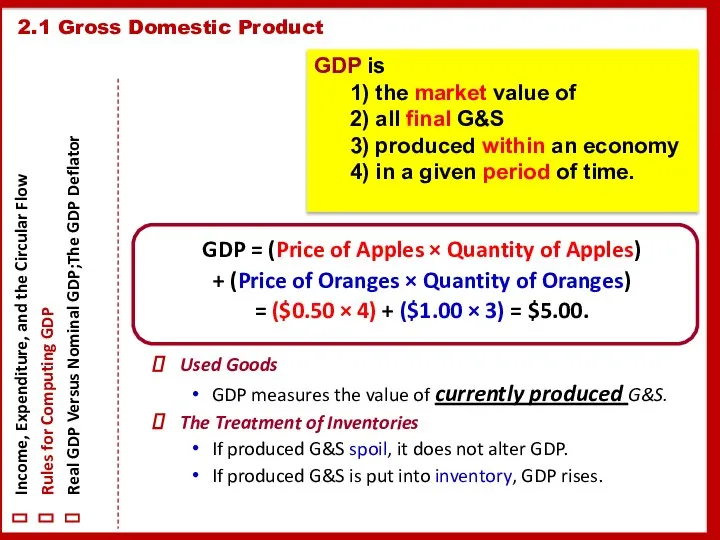 GDP = (Price of Apples × Quantity of Apples) + (Price