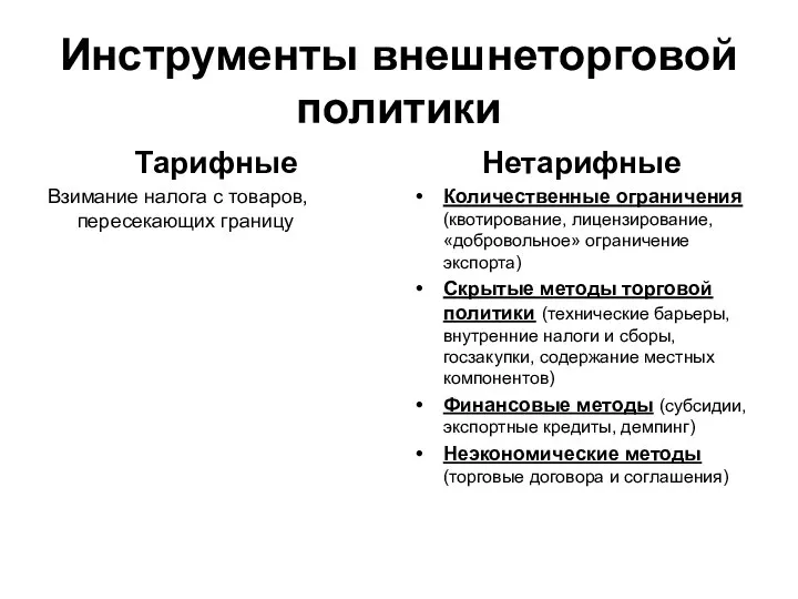 Инструменты внешнеторговой политики Тарифные Взимание налога с товаров, пересекающих границу Нетарифные