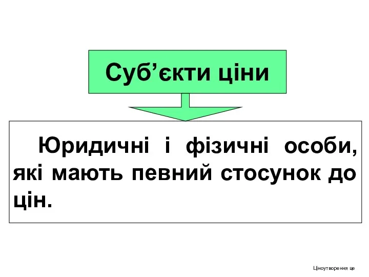 Суб’єкти ціни Юридичні і фізичні особи, які мають певний стосунок до цін. Ціноутворення це