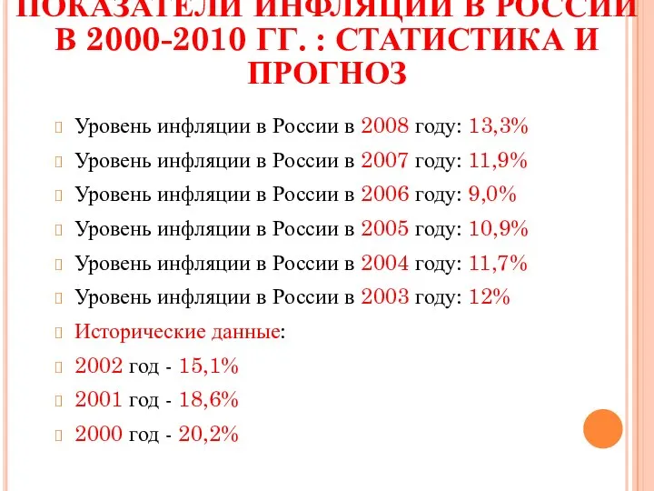 ПОКАЗАТЕЛИ ИНФЛЯЦИИ В РОССИИ В 2000-2010 ГГ. : СТАТИСТИКА И ПРОГНОЗ