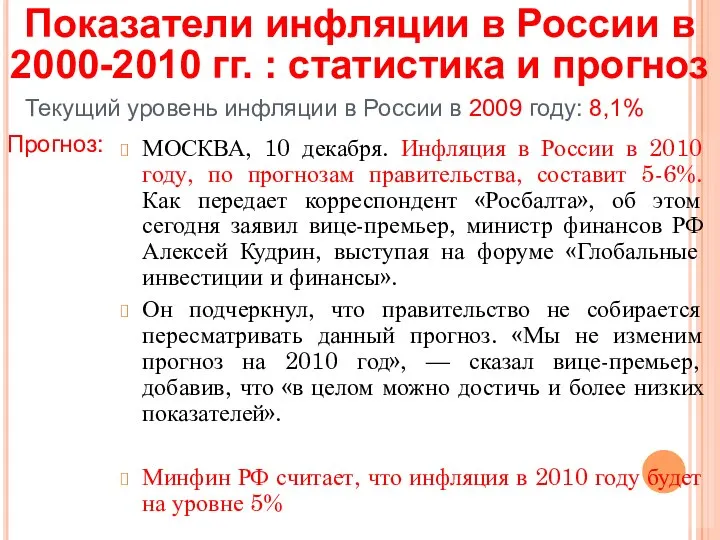 МОСКВА, 10 декабря. Инфляция в России в 2010 году, по прогнозам