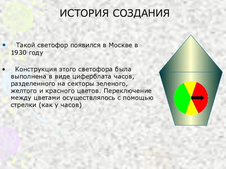 ИСТОРИЯ СОЗДАНИЯ Такой светофор появился в Москве в 1930 году Конструкция