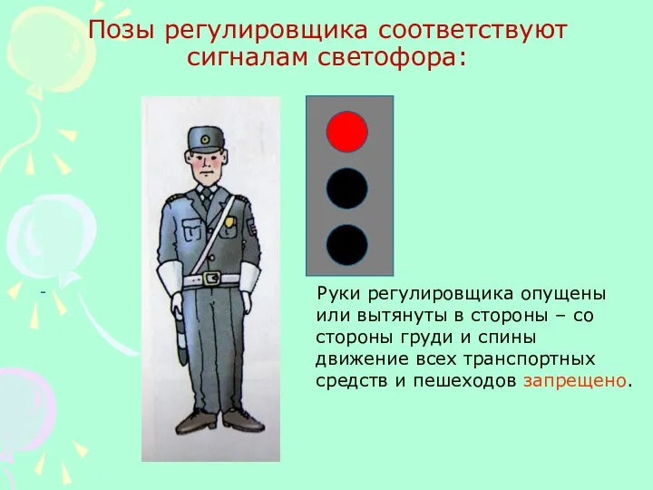 Позы регулировщика соответствуют сигналам светофора: - Руки регулировщика опущены или вытянуты