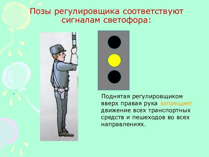 Позы регулировщика соответствуют сигналам светофора: - Поднятая регулировщиком вверх правая рука