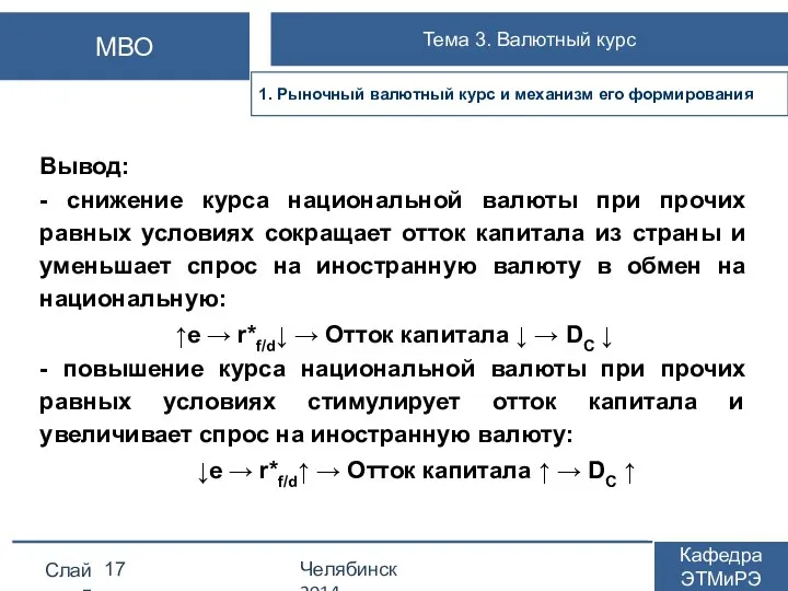 Вывод: - снижение курса национальной валюты при прочих равных условиях сокращает