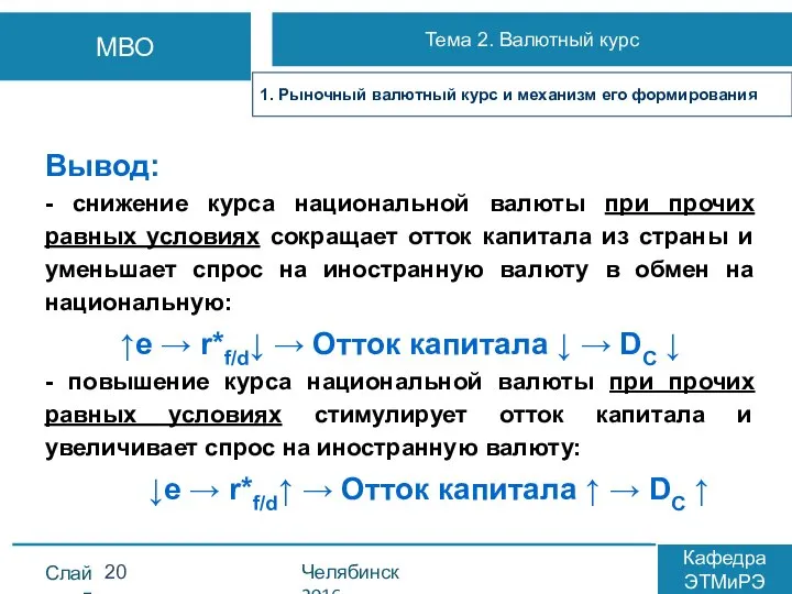 Вывод: - снижение курса национальной валюты при прочих равных условиях сокращает