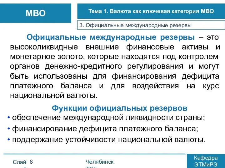 3. Официальные международные резервы Официальные международные резервы – это высоколиквидные внешние