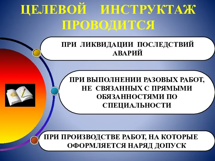 ЦЕЛЕВОЙ ИНСТРУКТАЖ ПРОВОДИТСЯ ПРИ ВЫПОЛНЕНИИ РАЗОВЫХ РАБОТ, НЕ СВЯЗАННЫХ С ПРЯМЫМИ