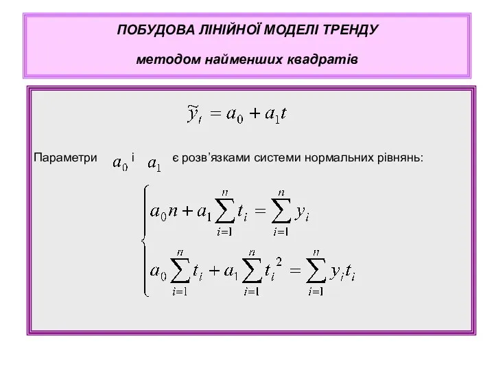 Параметри і є розв’язками системи нормальних рівнянь: ПОБУДОВА ЛІНІЙНОЇ МОДЕЛІ ТРЕНДУ методом найменших квадратів