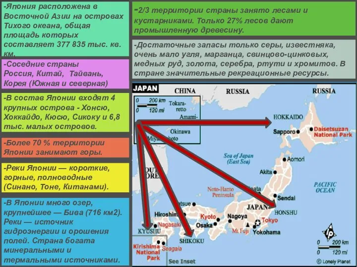 -Япония расположена в Восточной Азии на островах Тихого океана, общая площадь