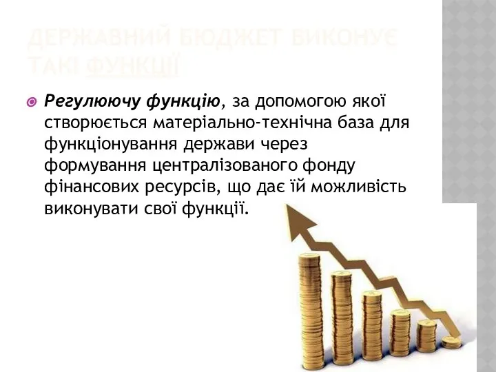 ДЕРЖАВНИЙ БЮДЖЕТ ВИКОНУЄ ТАКІ ФУНКЦІЇ Регулюючу функцію, за допомогою якої створюється