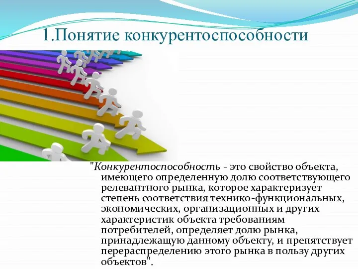 1.Понятие конкурентоспособности "Конкурентоспособность - это свойство объекта, имеющего определенную долю соответствующего