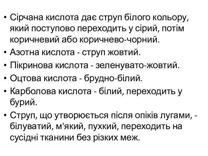 Сірчана кислота дає струп білого кольору, який поступово переходить у сірий,