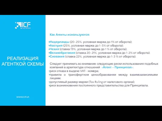 WWW.ICF.UA РЕАЛИЗАЦИЯ АГЕНТКОЙ СХЕМЫ Как Агенты используются: Нидерланды (20-25%, условная маржа