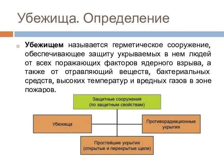 Убежища. Определение Убежищем называется герметическое сооружение, обеспечивающее защиту укрываемых в нем