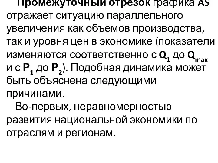 Промежуточный отрезок графика AS отражает ситуацию параллельного увеличения как объемов производства,