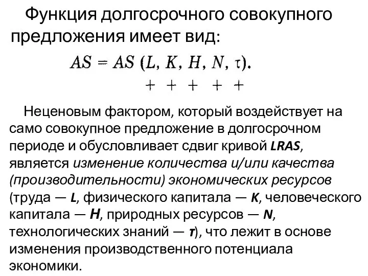 Функция долгосрочного совокупного предложения имеет вид: Неценовым фактором, который воздействует на