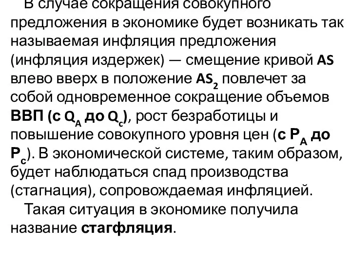 В случае сокращения совокупного предложения в экономике будет возникать так называемая