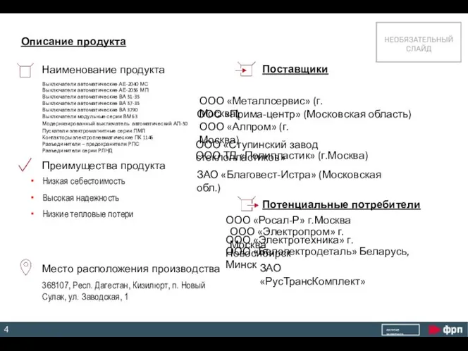 Описание продукта Наименование продукта Место расположения производства Преимущества продукта Поставщики Потенциальные