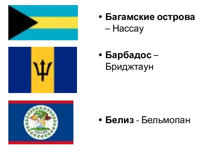 Багамские острова – Нассау Барбадос – Бриджтаун Белиз - Бельмопан