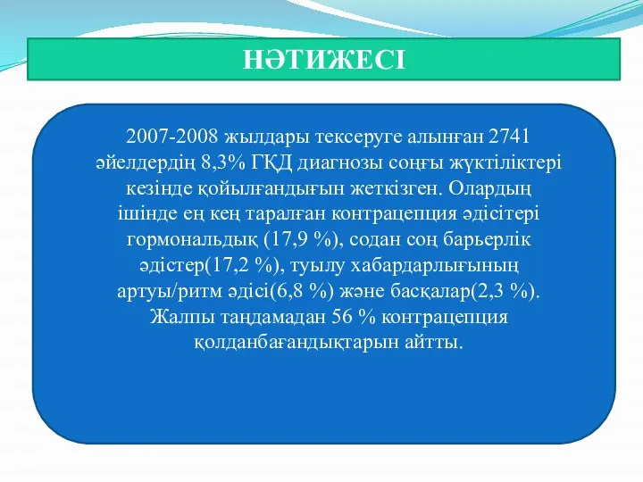 НӘТИЖЕСІ 2007-2008 жылдары тексеруге алынған 2741 әйелдердің 8,3% ГҚД диагнозы соңғы