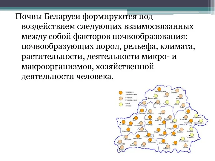 Почвы Беларуси формируются под воздействием следующих взаимосвязанных между собой факторов почвообразования: