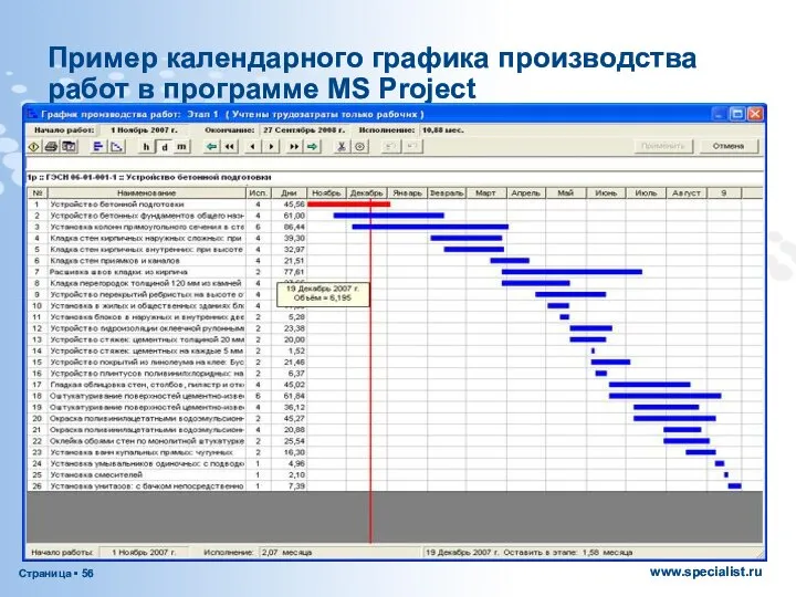 Пример календарного графика производства работ в программе MS Project