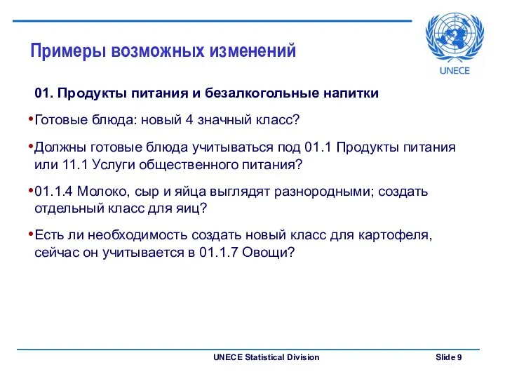 Примеры возможных изменений 01. Продукты питания и безалкогольные напитки Готовые блюда: