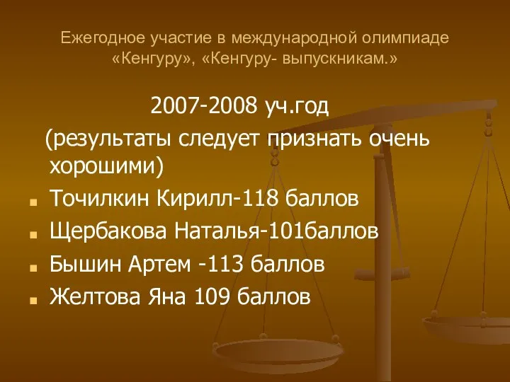 Ежегодное участие в международной олимпиаде «Кенгуру», «Кенгуру- выпускникам.» 2007-2008 уч.год (результаты