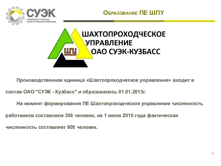 Образование ПЕ ШПУ Производственная единица «Шахтопроходческое управление» входит в состав ОАО